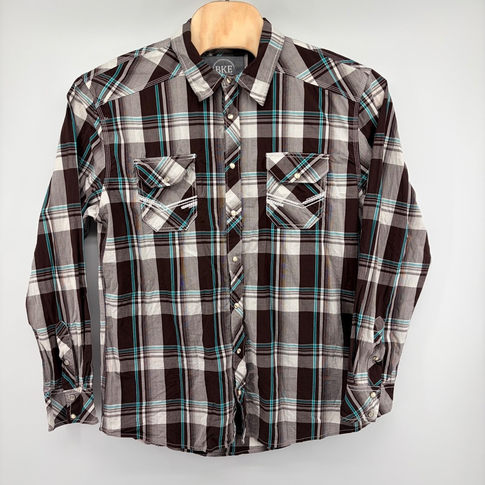 BKE Pearl Snap Shirt Mens XL Athletic Fit Plaid Western Brown Teal Long Sleeve